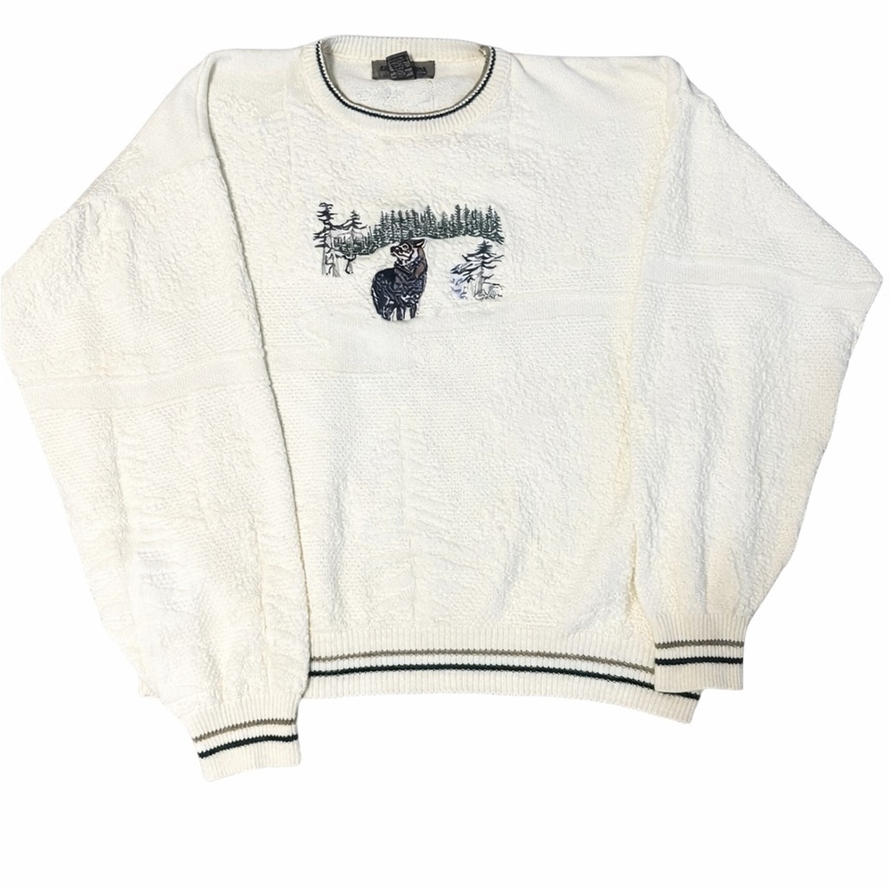 Vintage Cedar Falls XL Sweater Wolf Embroidery Cream Textured Knit Wildlife USA